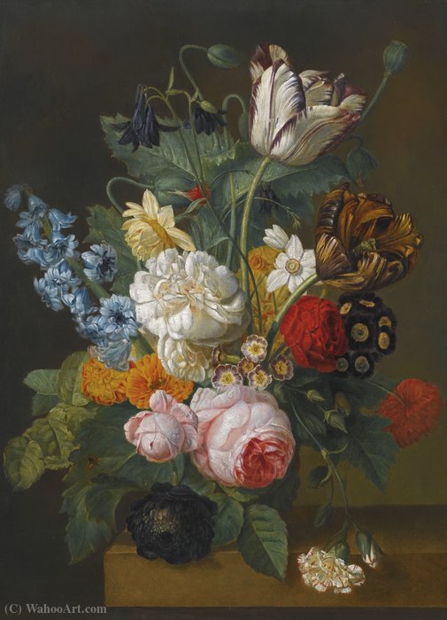 Wikioo.org - The Encyclopedia of Fine Arts - Painting, Artwork by Gerard Van Spaendonck - Still life of flowers, including roses, tulips and a hyacinth, on a ledge