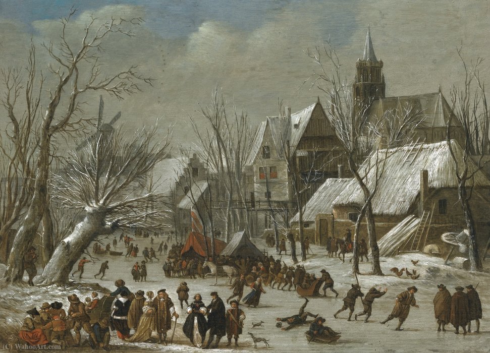 Wikioo.org - The Encyclopedia of Fine Arts - Painting, Artwork by Gerrit Van Battem - A winter landscape with figures on a frozen canal