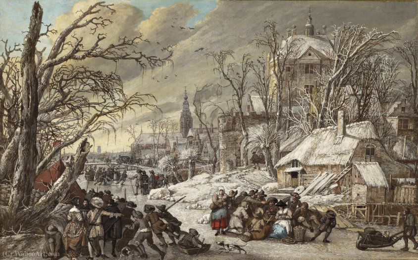 Wikioo.org - The Encyclopedia of Fine Arts - Painting, Artwork by Gerrit Van Battem - Figures on a Frozen Canal