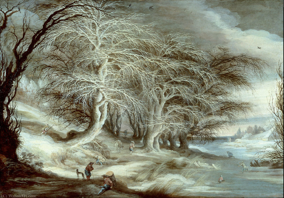 Wikioo.org - The Encyclopedia of Fine Arts - Painting, Artwork by Gijsbrecht Leytens - Winter landscape with people strolling on the banks of a frozen river where children play