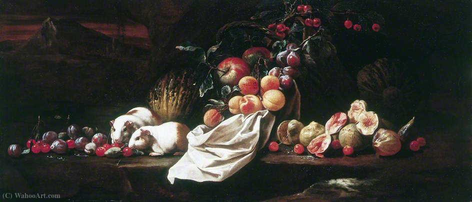 Wikioo.org - Encyklopedia Sztuk Pięknych - Malarstwo, Grafika Giovanni Battista Ruoppolo - Still Life with Figs, Cherries, Plums and Two Guinea Pigs
