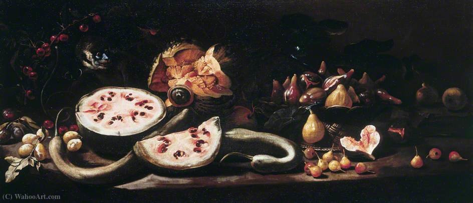 Wikioo.org - The Encyclopedia of Fine Arts - Painting, Artwork by Giovanni Battista Ruoppolo - Still Life with Watermelons, Plums, Cherries, a Basket of Figs, Pears and a Monkey