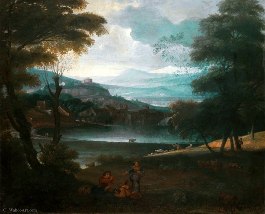 Wikioo.org - The Encyclopedia of Fine Arts - Painting, Artwork by Giovanni Francesco Grimaldi - Landscape with resting shepherds.