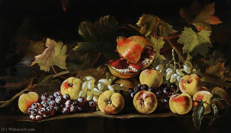 Wikioo.org - สารานุกรมวิจิตรศิลป์ - จิตรกรรม Giovanni Paolo Spadino - Still Life with Grapes, Peaches and Pomegranates