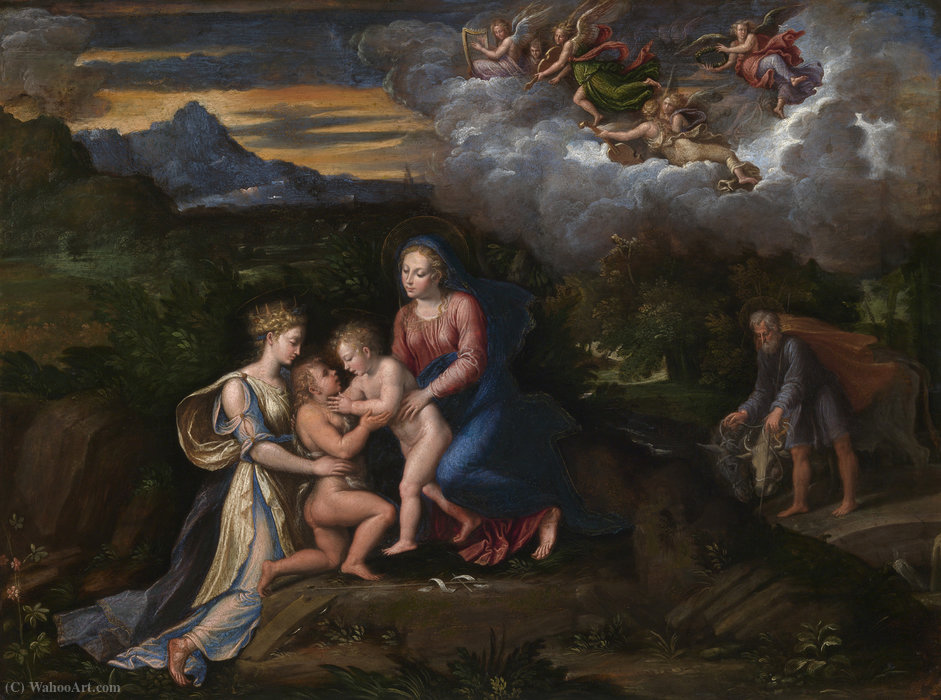 Wikioo.org - The Encyclopedia of Fine Arts - Painting, Artwork by Girolamo Da Carpi - Virgin and Child in a Landscape with the Child Baptist and Saint Catherine of Alexandria