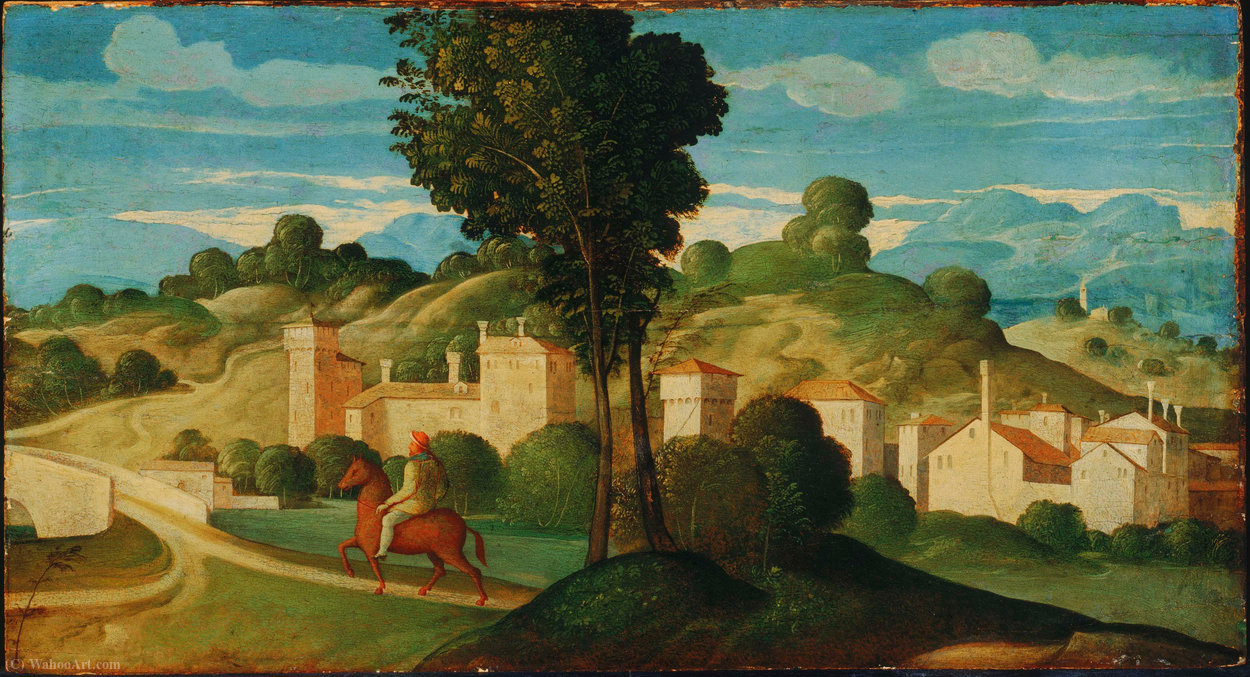 Wikioo.org - The Encyclopedia of Fine Arts - Painting, Artwork by Girolamo Da Santacroce - Landscape with Rider