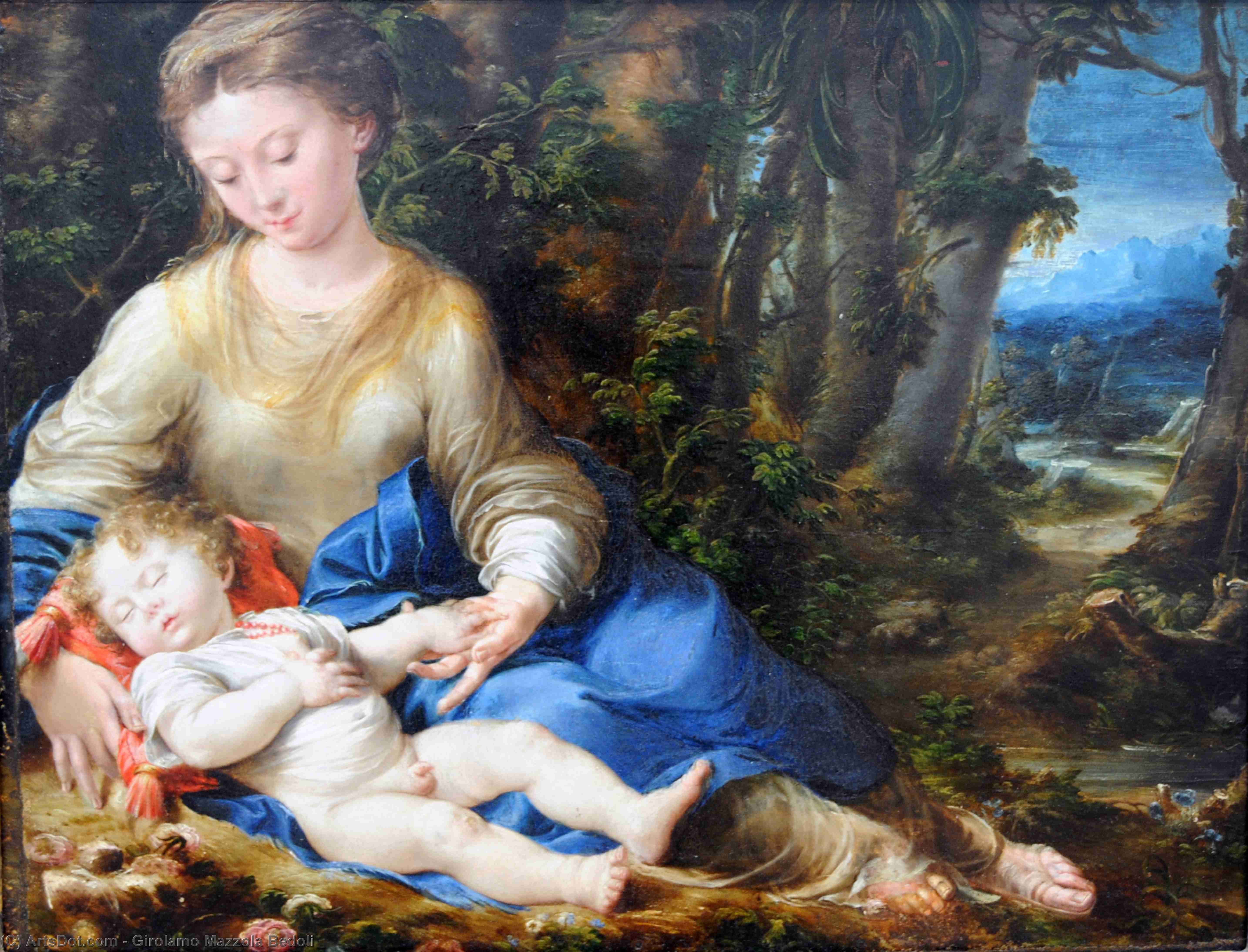 Wikioo.org - The Encyclopedia of Fine Arts - Painting, Artwork by Girolamo Mazzola Bedoli - Virgin and Child in a Landscape