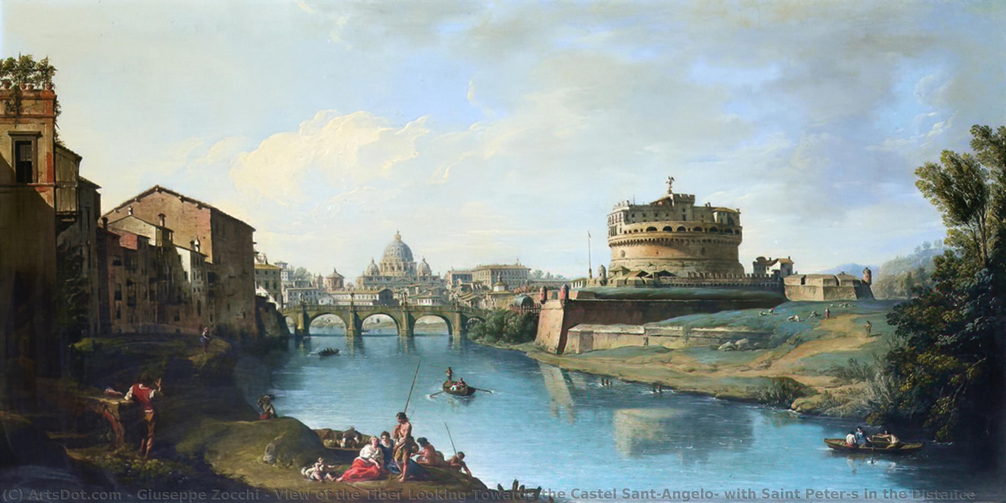 Wikioo.org - The Encyclopedia of Fine Arts - Painting, Artwork by Giuseppe Zocchi - View of the Tiber Looking Towards the Castel Sant'Angelo, with Saint Peter's in the Distance
