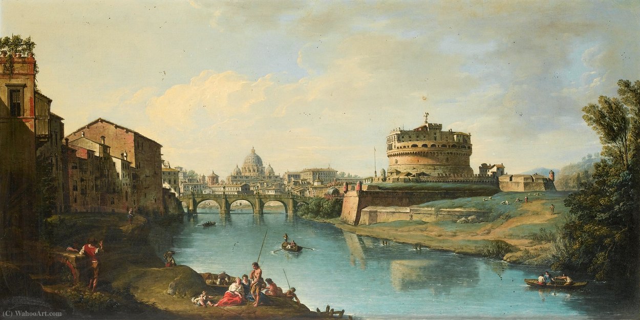 Wikioo.org - สารานุกรมวิจิตรศิลป์ - จิตรกรรม Giuseppe Zocchi - View of the Tiber Looking Towards the Castel Sant'Angelo, with Saint Peter's in the Distance