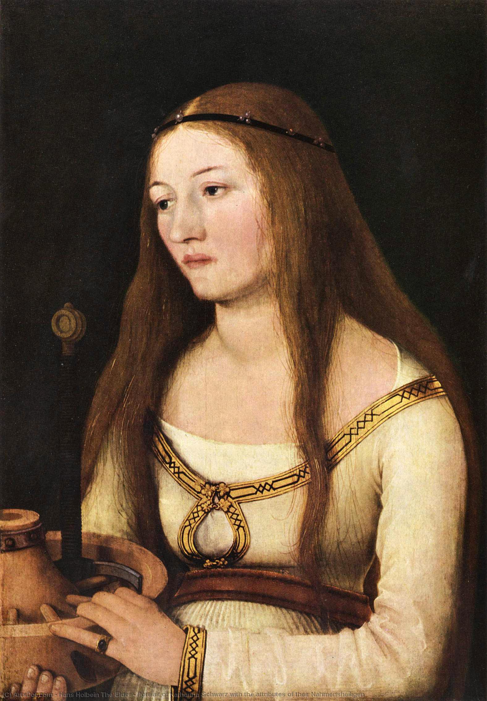 Wikioo.org - The Encyclopedia of Fine Arts - Painting, Artwork by Hans Holbein The Elder - Portrait of Katharina Schwarz with the attributes of their Nahmensheiligen