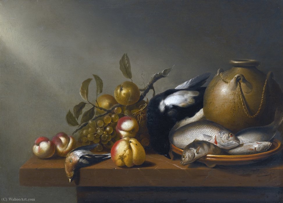 Wikioo.org - The Encyclopedia of Fine Arts - Painting, Artwork by Harmen Steenwijck - Still life of fruit, fresh-water fish on an earthenware platter