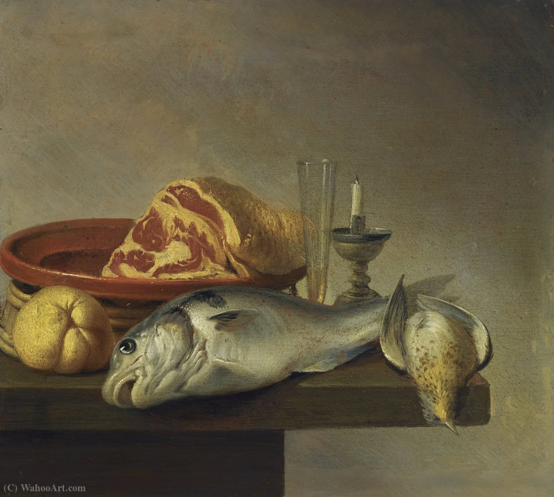 Wikioo.org - The Encyclopedia of Fine Arts - Painting, Artwork by Harmen Steenwijck - Still life with a ham, a fish, a candle and other objects arranged on the edge of a tabletop