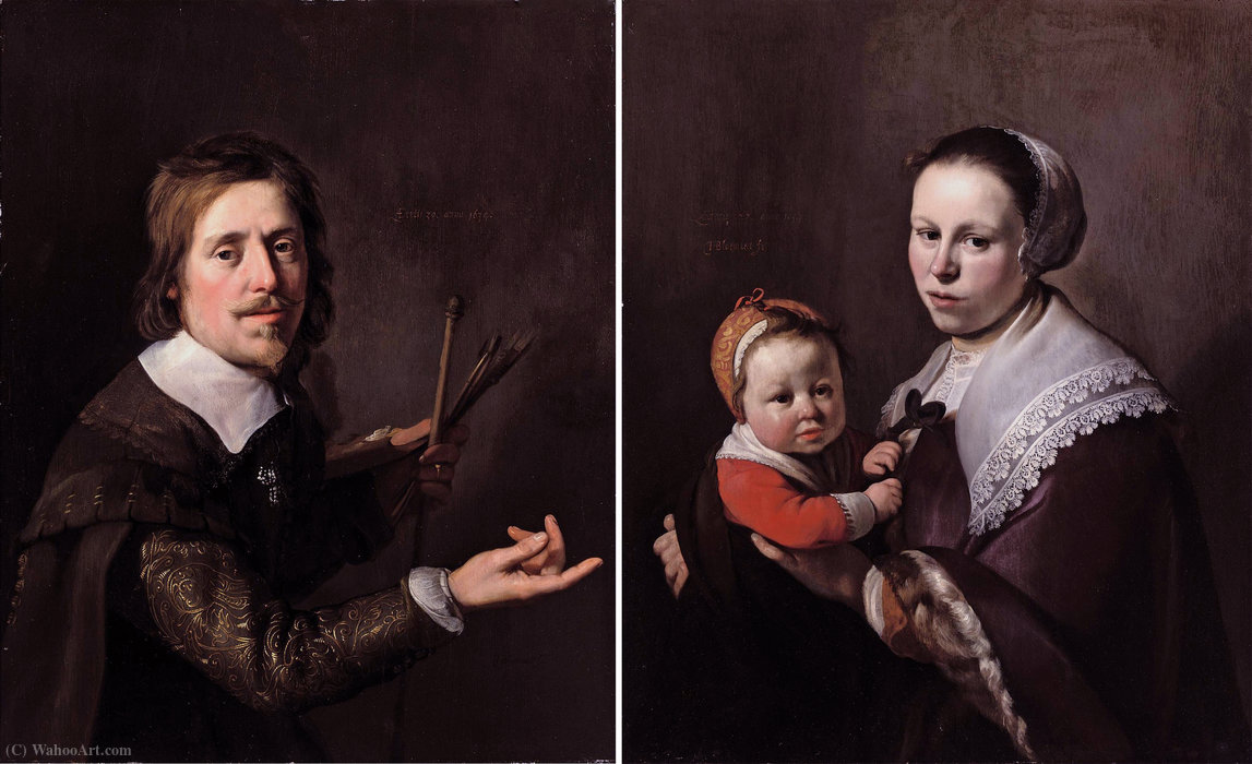 Wikioo.org - The Encyclopedia of Fine Arts - Painting, Artwork by Hendrick Bloemaert - Gijsbert Gillisz de Hondecoutre, holding a palette and brushes and his wife Maria Hulstman, holding a child