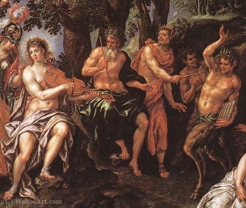 Wikioo.org - The Encyclopedia of Fine Arts - Painting, Artwork by Hendrick De Clerck - Kontes Apollo vs Pan