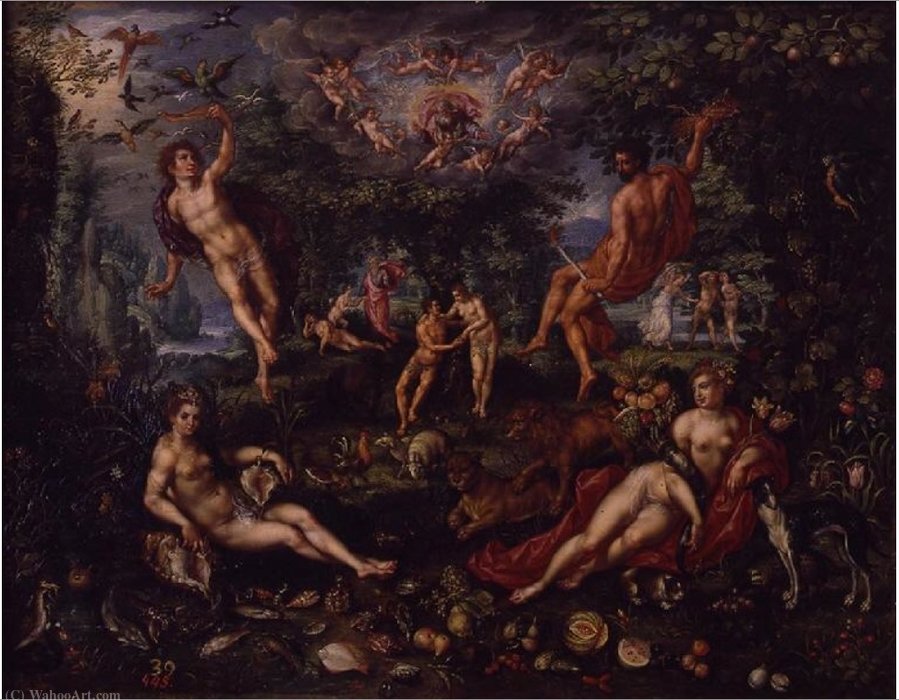 Wikioo.org – L'Encyclopédie des Beaux Arts - Peinture, Oeuvre de Hendrick De Clerck - Paradise avec les quatre éléments