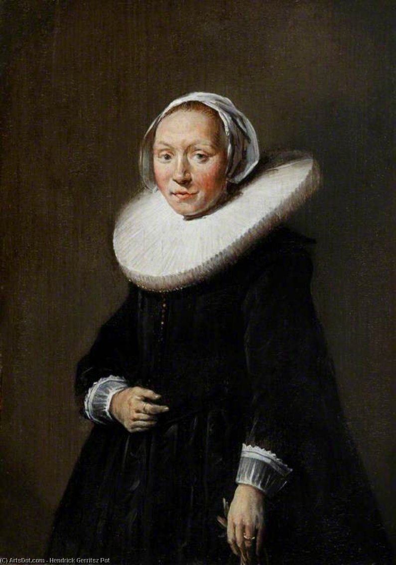 Wikioo.org - The Encyclopedia of Fine Arts - Painting, Artwork by Hendrick Gerritsz Pot - Portrait of a Woman in Black and a Large Cartwheel Ruff, Holding a Glove