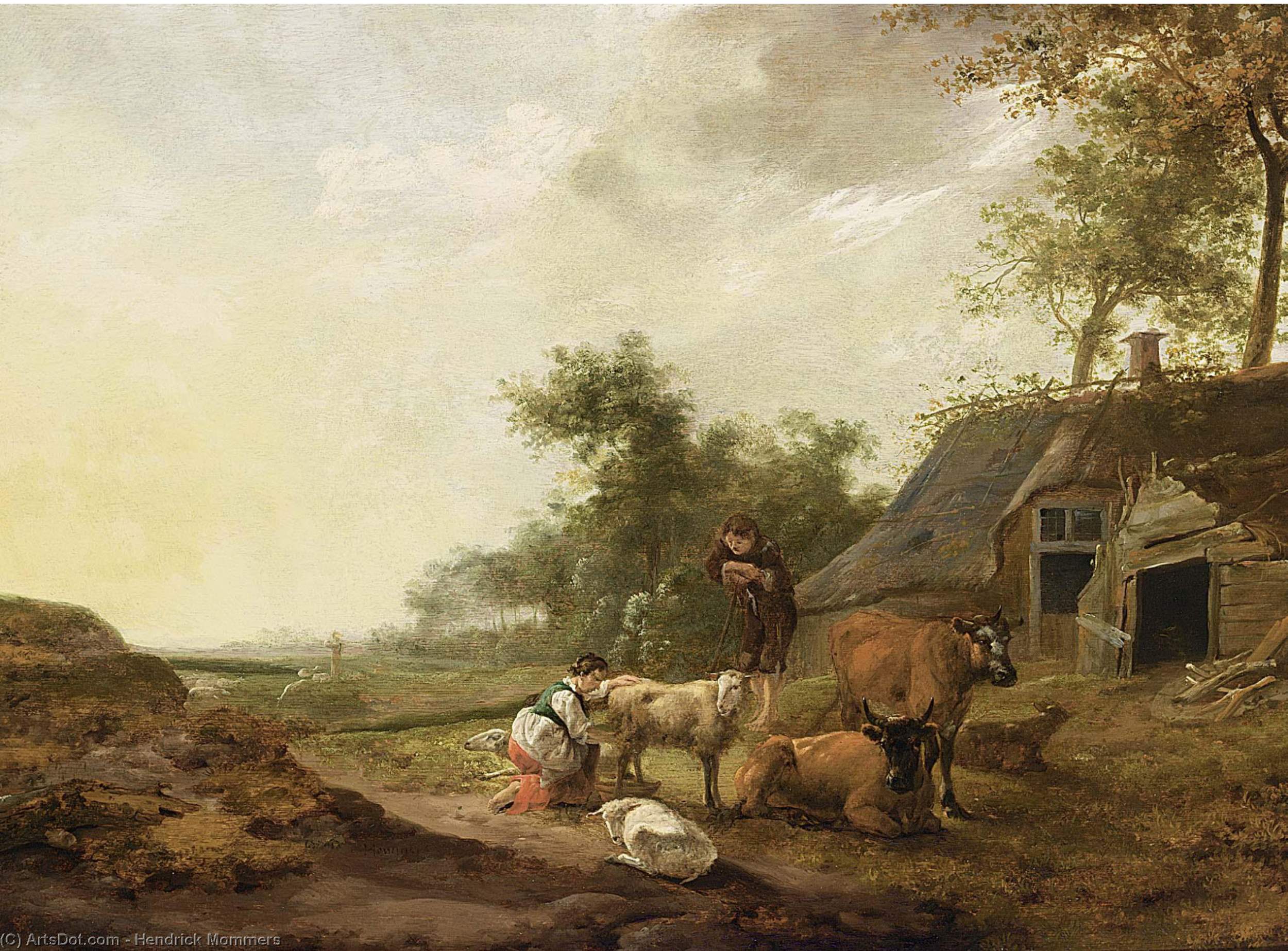 Wikoo.org - موسوعة الفنون الجميلة - اللوحة، العمل الفني Hendrick Mommers - A landscape with a maid milking a sheep