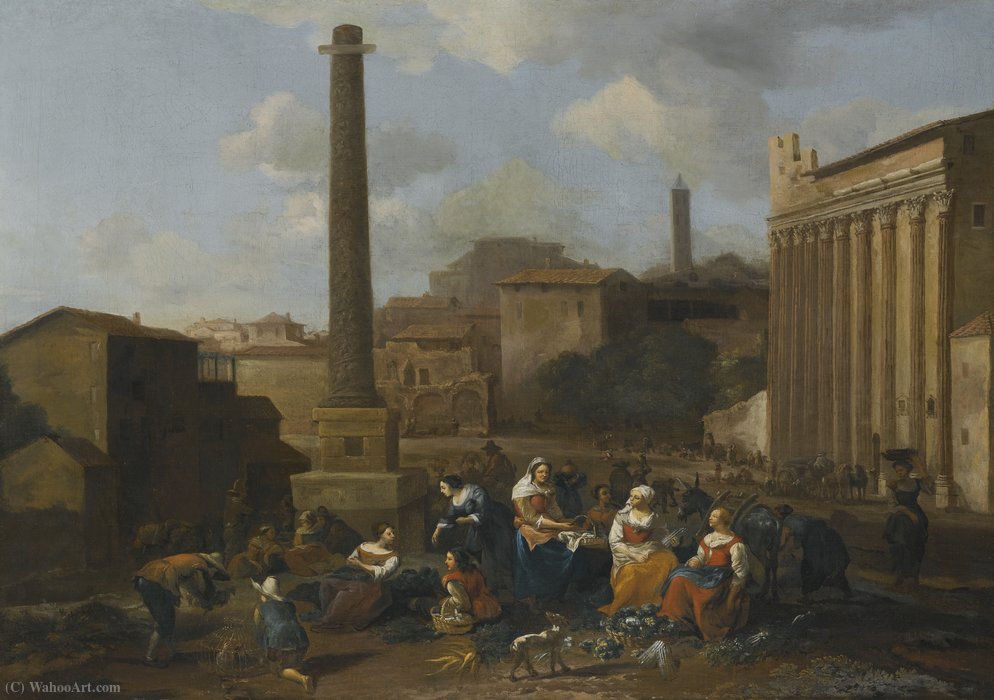 Wikioo.org - The Encyclopedia of Fine Arts - Painting, Artwork by Hendrick Mommers - Figures resting in a capriccio view of the roman forum