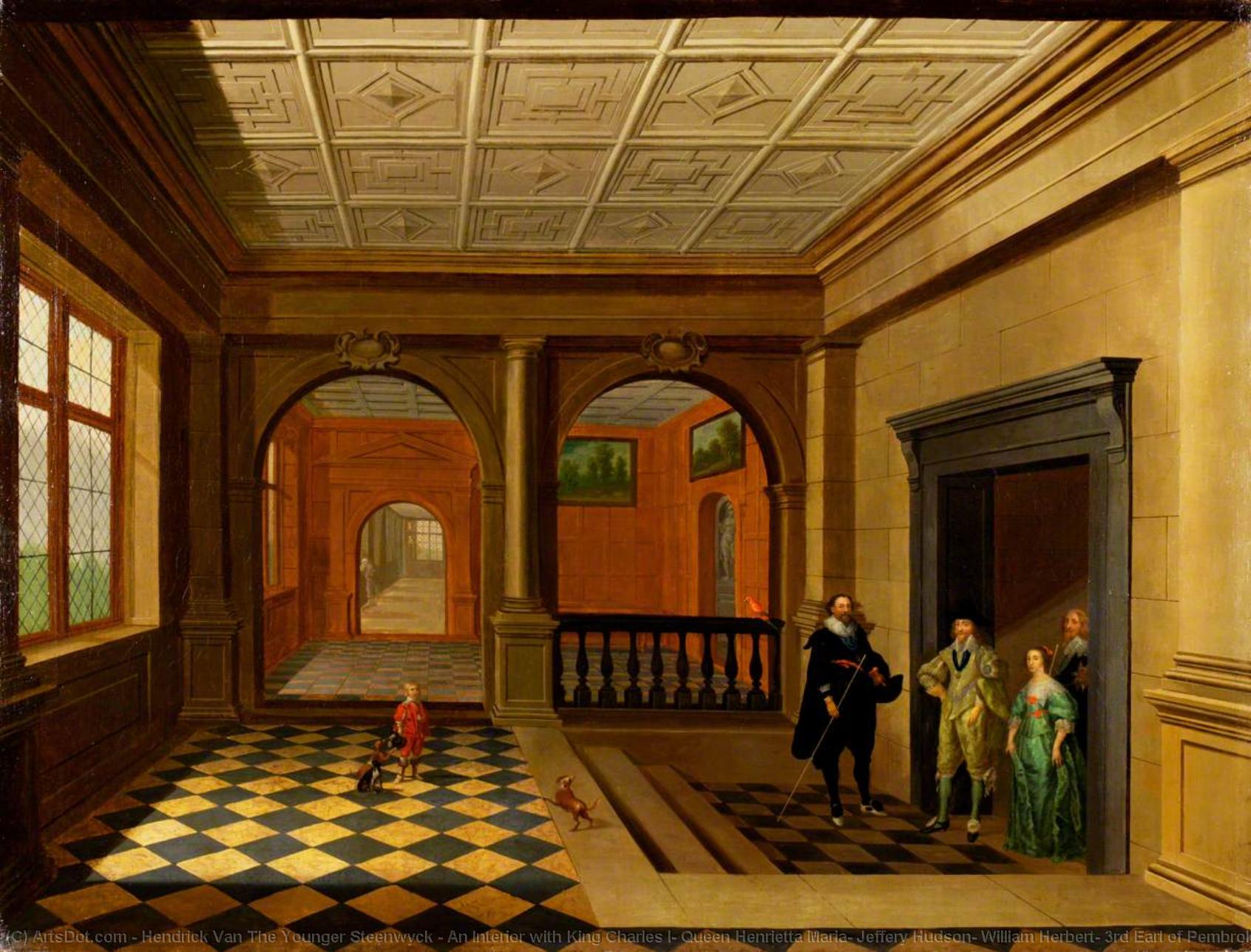Wikioo.org - The Encyclopedia of Fine Arts - Painting, Artwork by Hendrick Van The Younger Steenwyck - An Interior with King Charles I, Queen Henrietta Maria, Jeffery Hudson, William Herbert, 3rd Earl of Pembroke and His Brother Philip Herbert