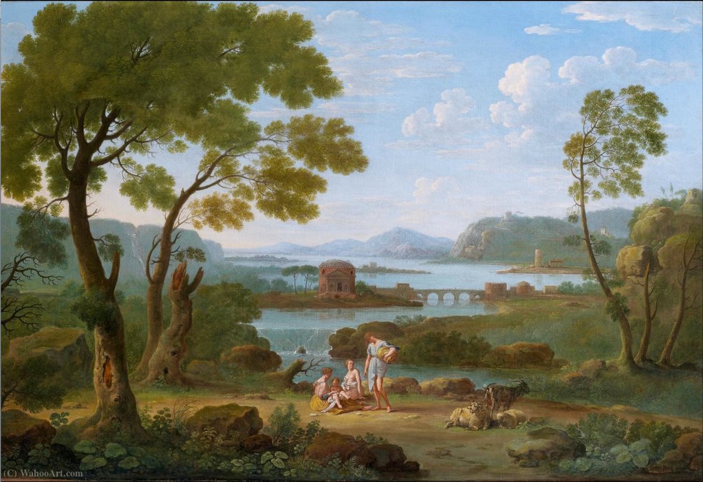 Wikioo.org - The Encyclopedia of Fine Arts - Painting, Artwork by Hendrik Frans Van Lint - Classical River landscape with figures and goats before a bridge, waterfall and circular temple