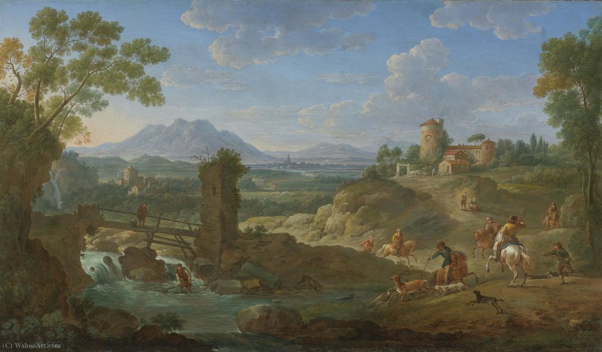 Wikioo.org - The Encyclopedia of Fine Arts - Painting, Artwork by Hendrik Frans Van Lint - Elegant hunting party in an extensive landscape with mountains beyond
