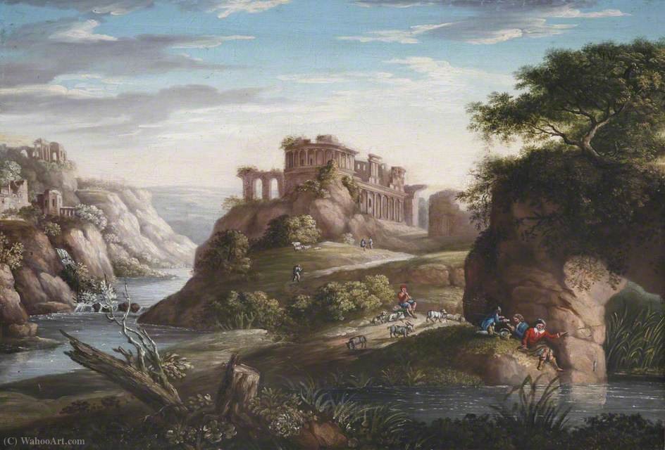 Wikioo.org - The Encyclopedia of Fine Arts - Painting, Artwork by Hendrik Frans Van Lint - Italianate pastoral landscape capriccio ruins