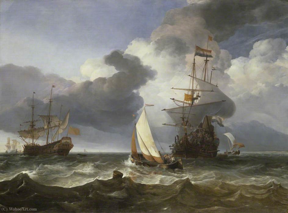 Wikioo.org - The Encyclopedia of Fine Arts - Painting, Artwork by Hendrik Jakobsz Dubbels - A Smalschip with Two Dutch East Indiamen Coming to Anchor