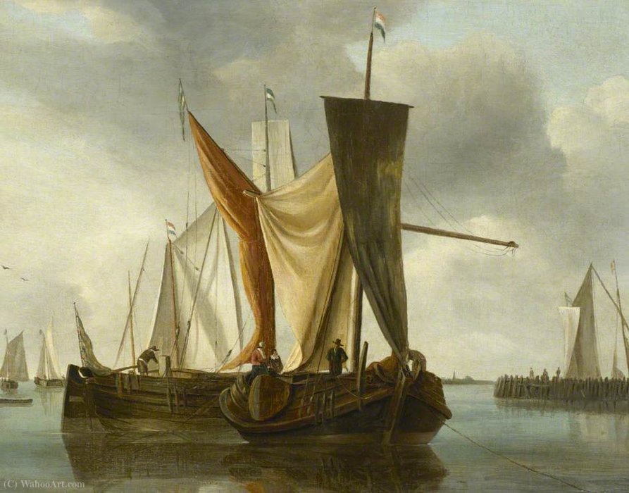Wikioo.org - The Encyclopedia of Fine Arts - Painting, Artwork by Hendrik Jakobsz Dubbels - Dutch Fishing Boats Becalmed near a Jetty