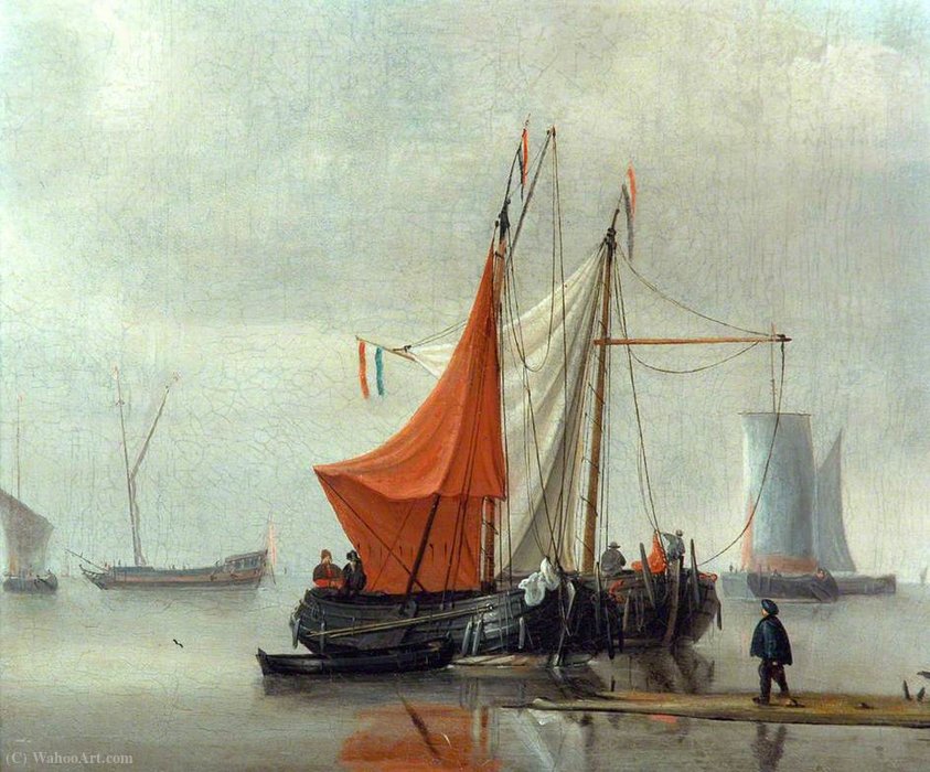 Wikioo.org - The Encyclopedia of Fine Arts - Painting, Artwork by Hendrik Jakobsz Dubbels - Dutch Inshore Boats Moored to a Jetty