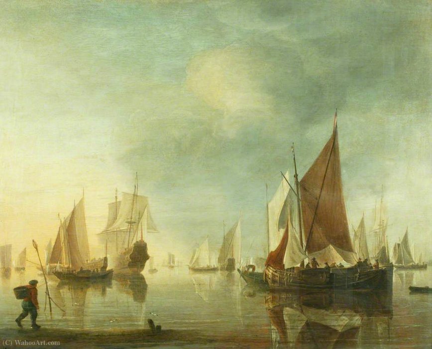 Wikioo.org - สารานุกรมวิจิตรศิลป์ - จิตรกรรม Hendrik Jakobsz Dubbels - Shipping at Anchor off the Shore in a Calm Sea