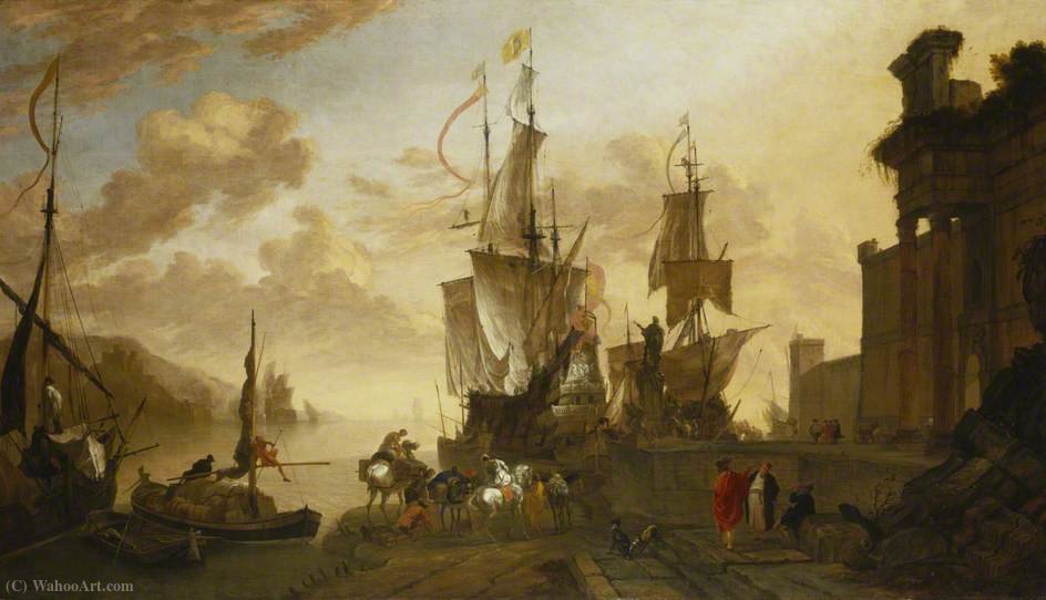Wikioo.org - The Encyclopedia of Fine Arts - Painting, Artwork by Hendrik Van Minderhout - Italianate Harbour Scene with the Monument of Ferdinand I de’ Medici at Leghorn