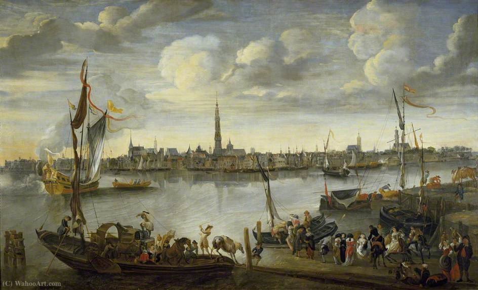 WikiOO.org - Encyclopedia of Fine Arts - Målning, konstverk Hendrik Van Minderhout - View of the Roads of Antwerp from the West Bank