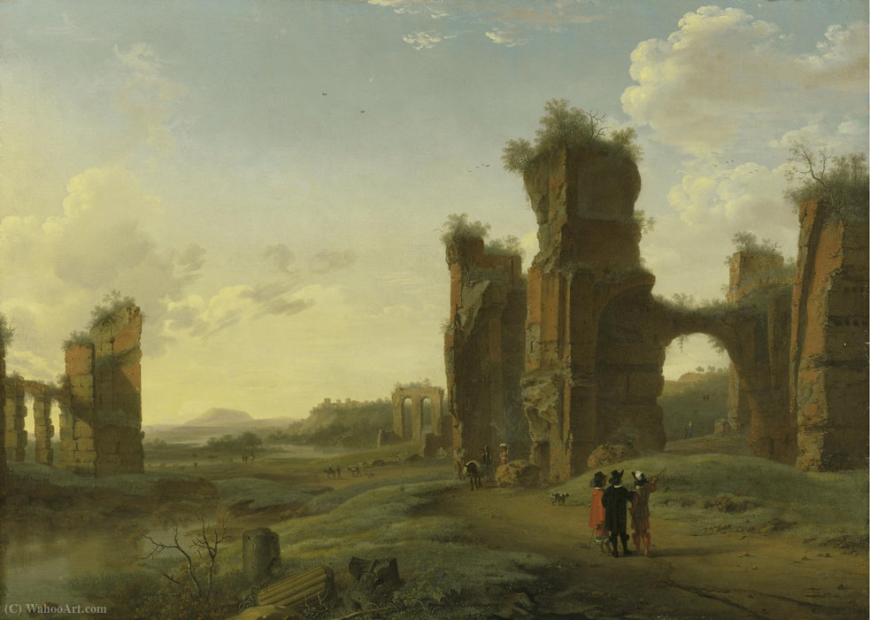 WikiOO.org - Güzel Sanatlar Ansiklopedisi - Resim, Resimler Herman Van Swanevelt - An italianate landscape with three figures surveying the land