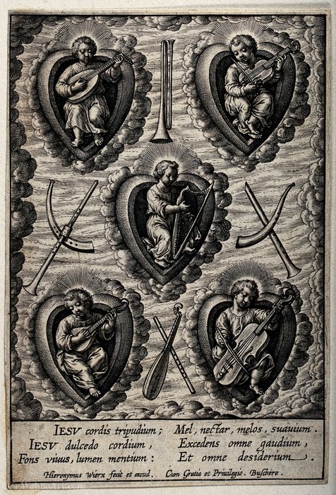 Wikioo.org – L'Encyclopédie des Beaux Arts - Peinture, Oeuvre de Hieronymus Wierix - Christ jouant des instruments de musique dans le cœur du croyant.