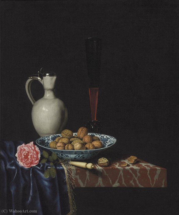 Wikioo.org - The Encyclopedia of Fine Arts - Painting, Artwork by Hubert Van Ravesteyn - A wan-li bowl with walnuts, a façon de venise wine glass, an ivory-handled knife, a Delft stoneware jug and a rose on a partially draped marble ledge