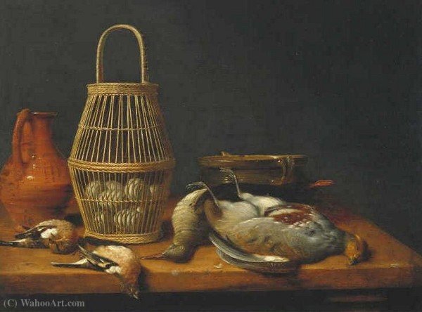 Wikioo.org – L'Encyclopédie des Beaux Arts - Peinture, Oeuvre de Hubert Van Ravesteyn - Panier de d oeufs parmi mort oiseaux et cuisine ustensiles