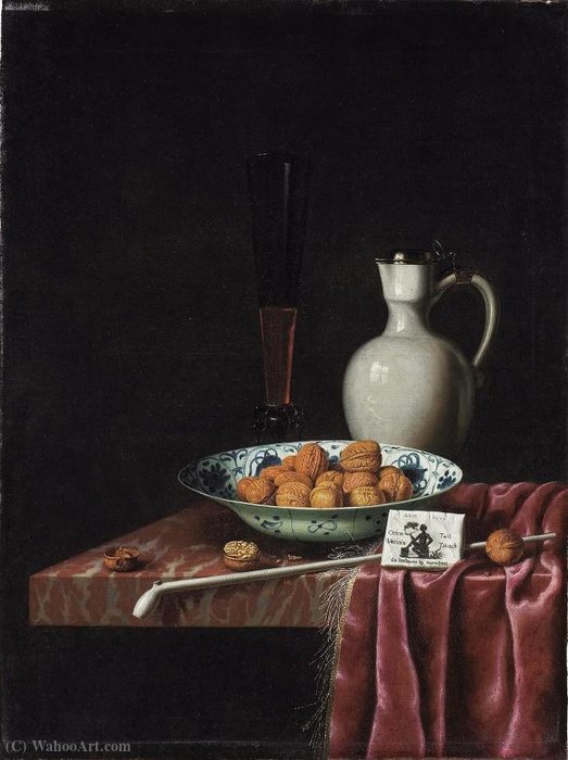 WikiOO.org – 美術百科全書 - 繪畫，作品 Hubert Van Ravesteyn - 静物与核桃，烟草和酒
