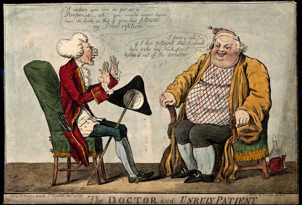 Wikioo.org - The Encyclopedia of Fine Arts - Painting, Artwork by Isaac Robert Cruikshank - A doctor reprimanding an obese patient for not taking his me