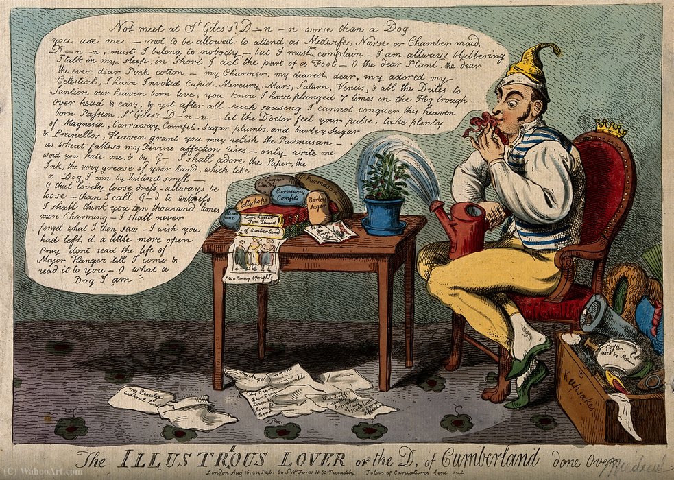 Wikioo.org - The Encyclopedia of Fine Arts - Painting, Artwork by Isaac Robert Cruikshank - A foolish man kissing a ribbon and surrounded by sentimental