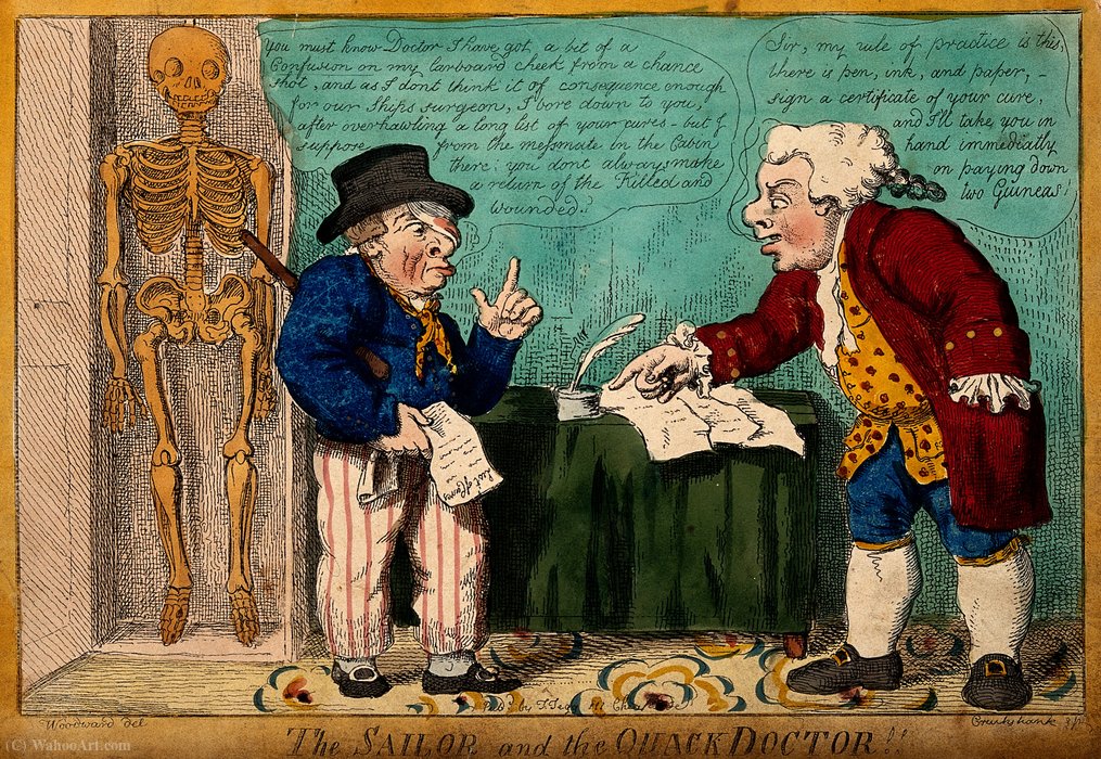 Wikioo.org - The Encyclopedia of Fine Arts - Painting, Artwork by Isaac Robert Cruikshank - A sailor with a bandaged eye consulting a quack doctor.