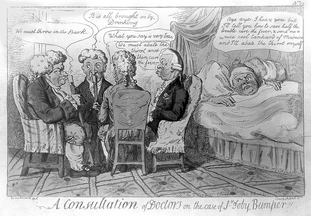 WikiOO.org - Εγκυκλοπαίδεια Καλών Τεχνών - Ζωγραφική, έργα τέχνης Isaac Robert Cruikshank - Four doctors discussing the case of Sir Toby Bumper