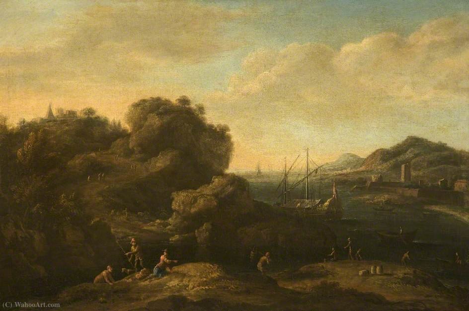 Wikioo.org - The Encyclopedia of Fine Arts - Painting, Artwork by Jacob De Heusch - A Rocky Mediterranean Coast with Peasants and a Galley