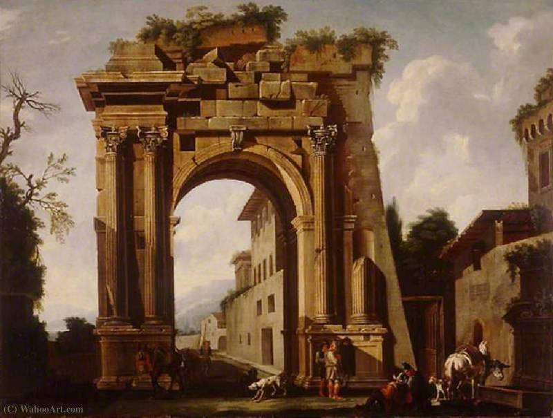 Wikioo.org - The Encyclopedia of Fine Arts - Painting, Artwork by Jacob De Heusch - Architectural Capriccio, with the Arch of Titus and the Figures of Travellers