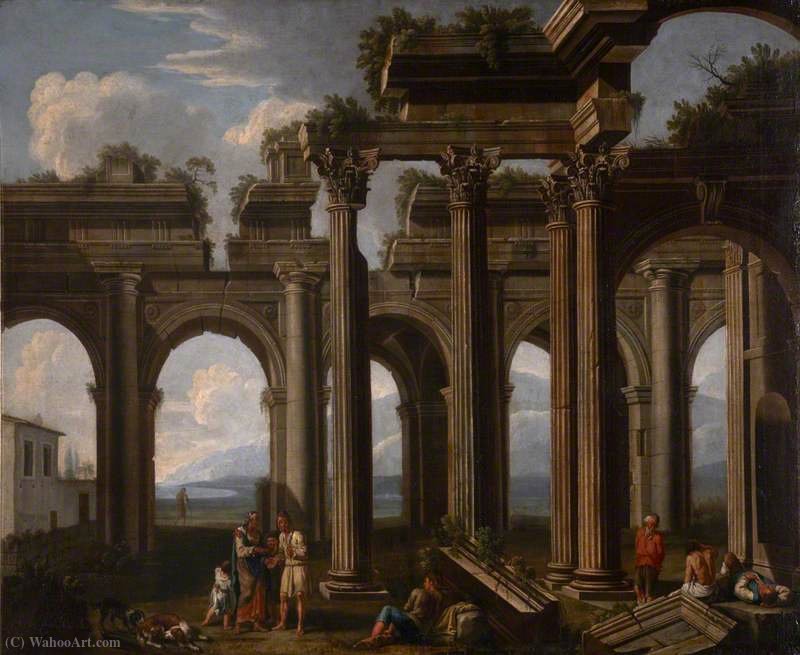 Wikioo.org - The Encyclopedia of Fine Arts - Painting, Artwork by Jacob De Heusch - Architectural Capriccio, with the Ruins of a Doric Arcade and Corinthian Colonnade, with Lazzaroni and a Fortune-Teller