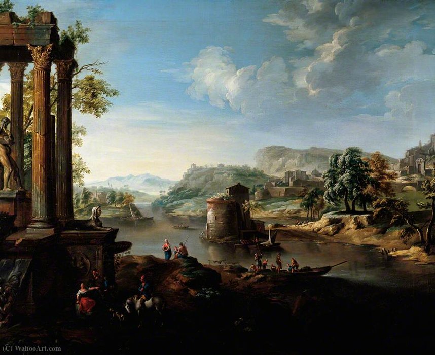 Wikioo.org - The Encyclopedia of Fine Arts - Painting, Artwork by Jacob De Heusch - Classical Landscape with River and Figures