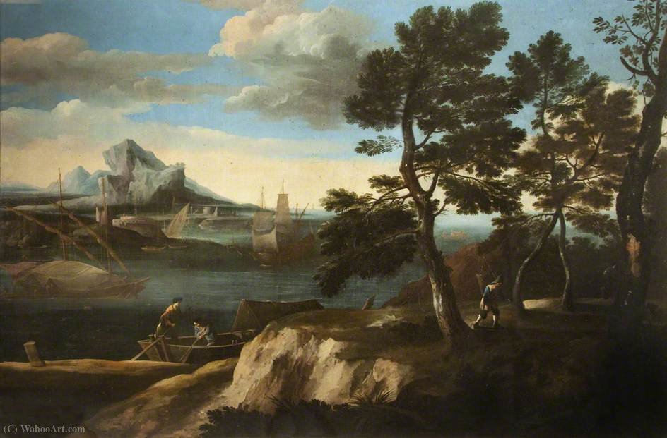 Wikioo.org - The Encyclopedia of Fine Arts - Painting, Artwork by Jacob De Heusch - River Landscape with Figures in a Boat