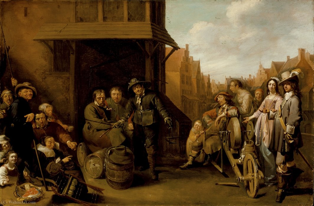Wikioo.org - The Encyclopedia of Fine Arts - Painting, Artwork by Jacob Duck - A Street Scene with Knife Grinder and Elegant Couple