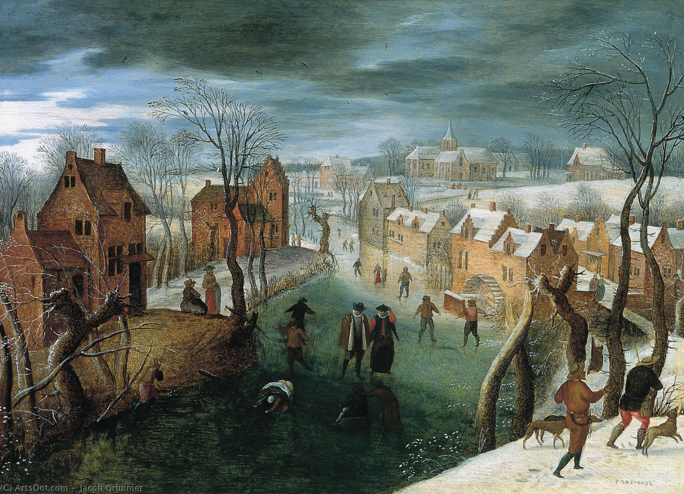 Wikioo.org - The Encyclopedia of Fine Arts - Painting, Artwork by Jacob Grimmer - Winter Landscape with people skating on a frozen river and hunters in the foreground