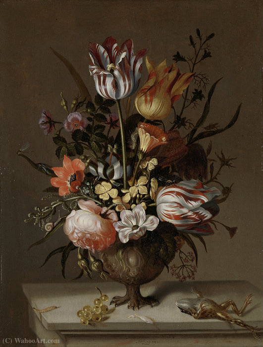 Wikioo.org - The Encyclopedia of Fine Arts - Painting, Artwork by Jacob Marrel - Still life with flower vase and dead frog