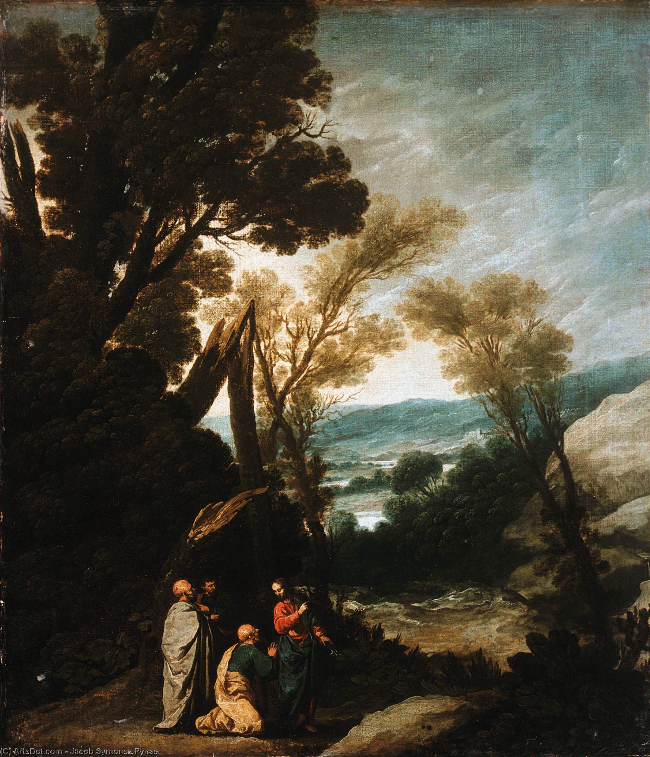 Wikioo.org - The Encyclopedia of Fine Arts - Painting, Artwork by Jacob Symonsz Pynas - Landscape with Christ handing the keys to St. Petru